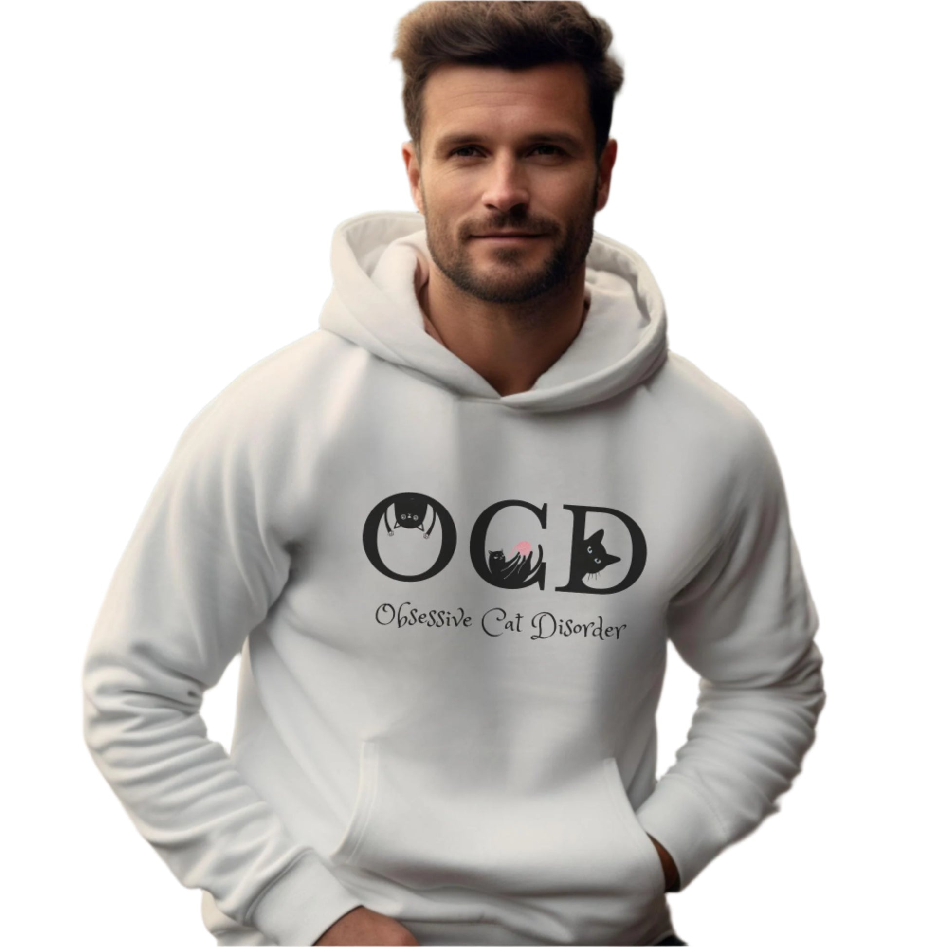 White OCD Cat Themed Unisex Hooded Sweatshirt
