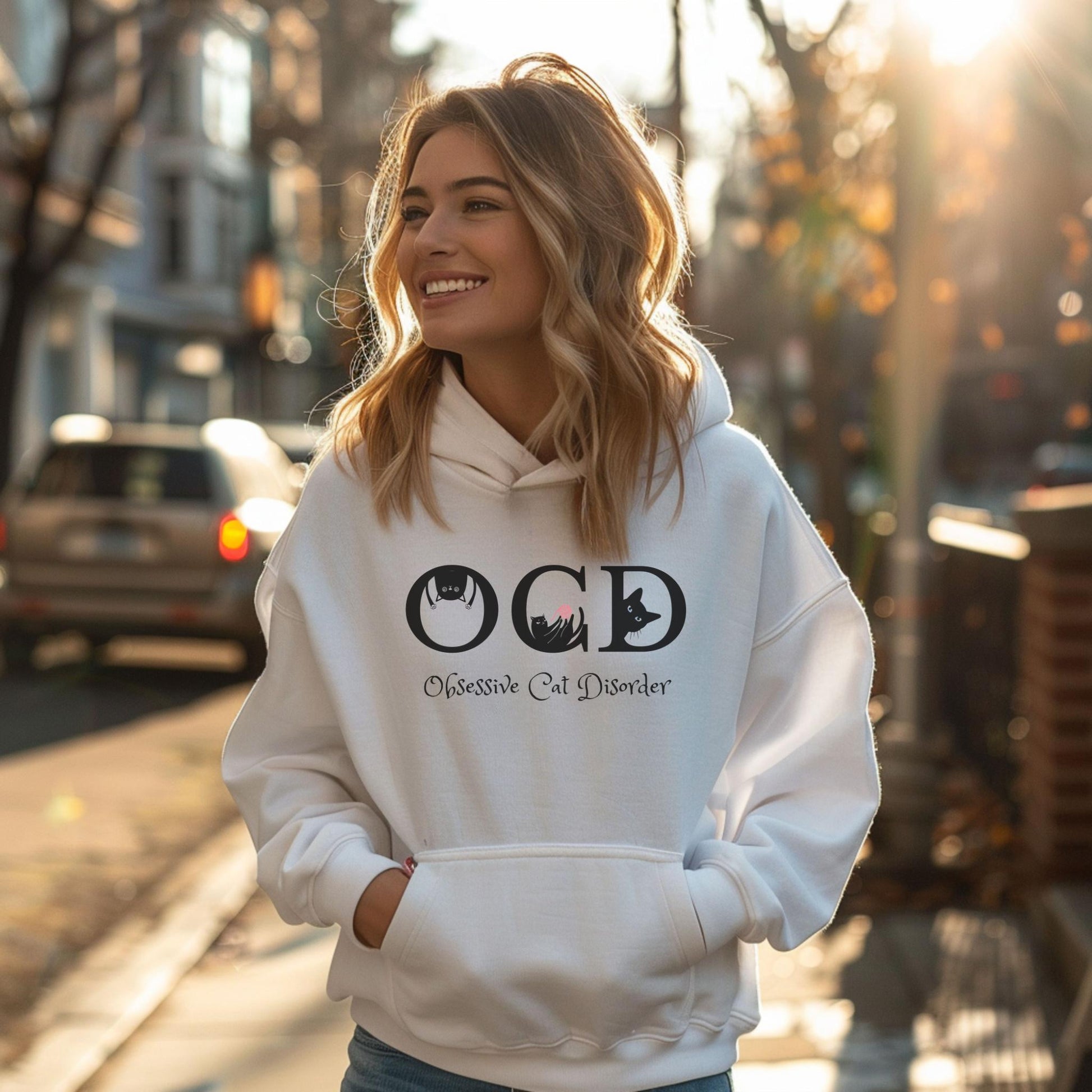 White OCD Cat Themed Unisex Hooded Sweatshirt