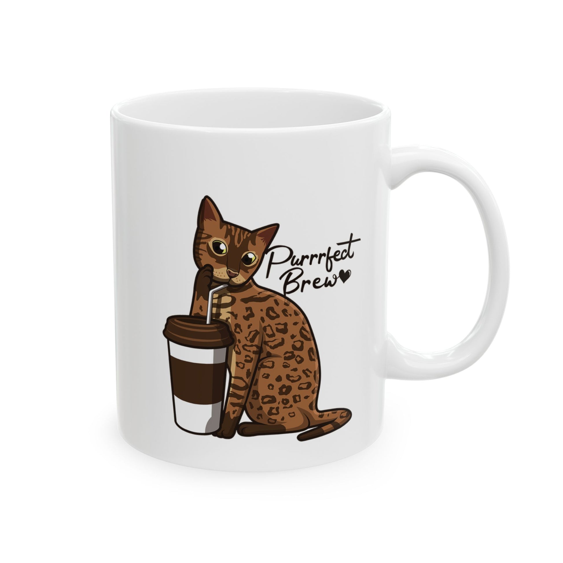 White mug with illustration of a Bengal Cat posing with a coffee cup and text 'Purfect Brew'  
