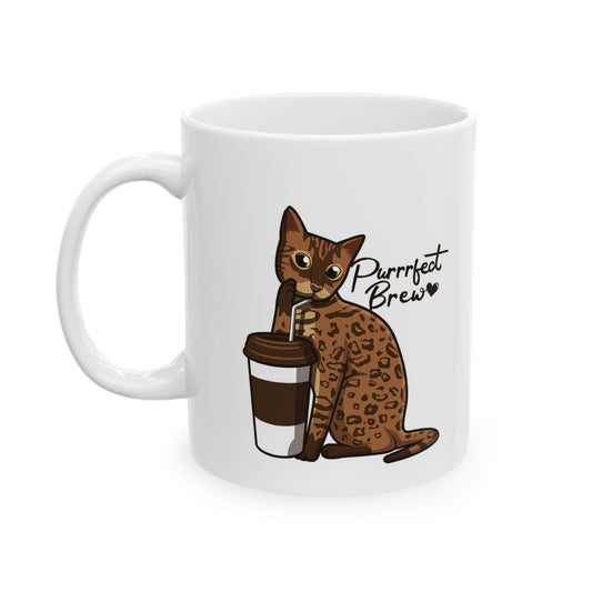 White mug with illustration of a Bengal Cat posing with a coffee cup and text 'Purrrfect Brew.'  