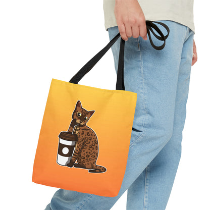 Yellow Tote Bag Featuring A Cartoon Bengal Cat Drinking Through A Straw. 