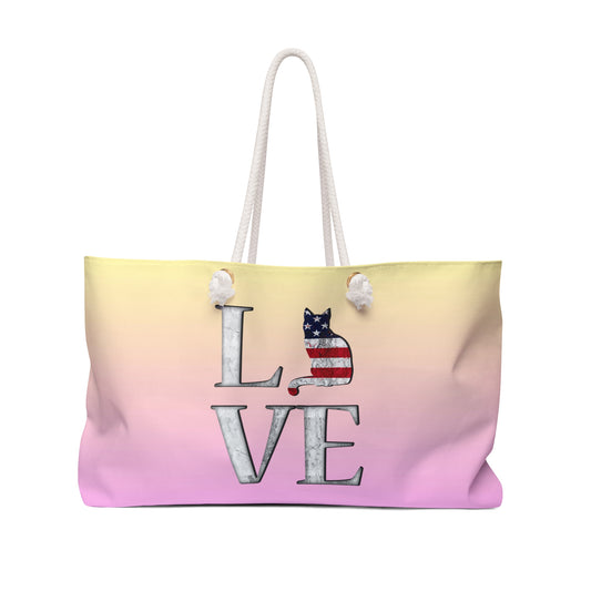 Yellow & Pink colored weekender tote bag with 'LOVE' text and cat design with USA theme