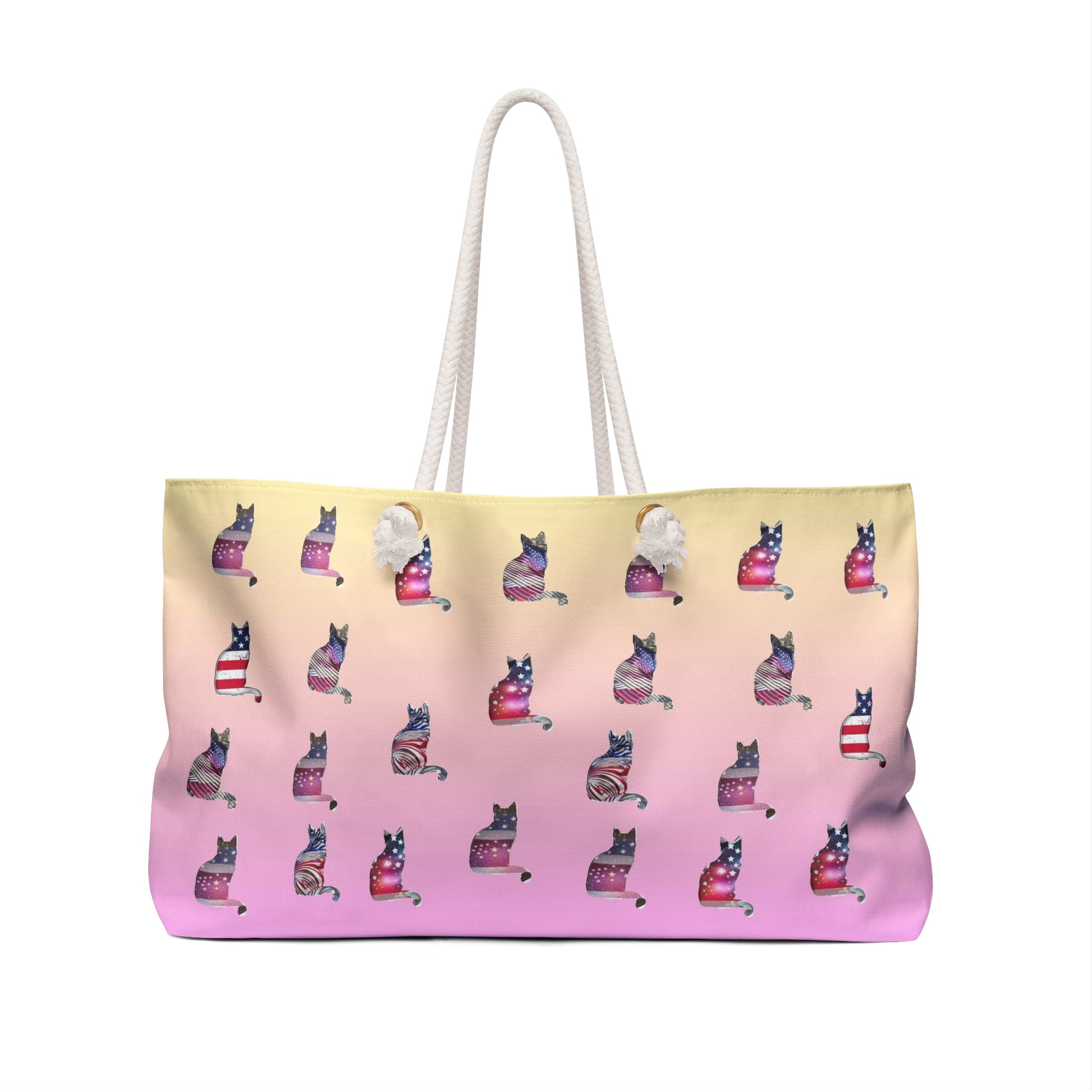 Yellow & Pink colored weekender tote bag with 'LOVE' text and cat design with USA theme