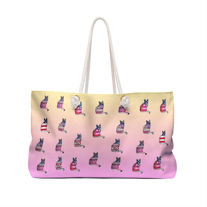 Yellow & Pink colored weekender tote bag with 'LOVE' text and cat design with USA theme