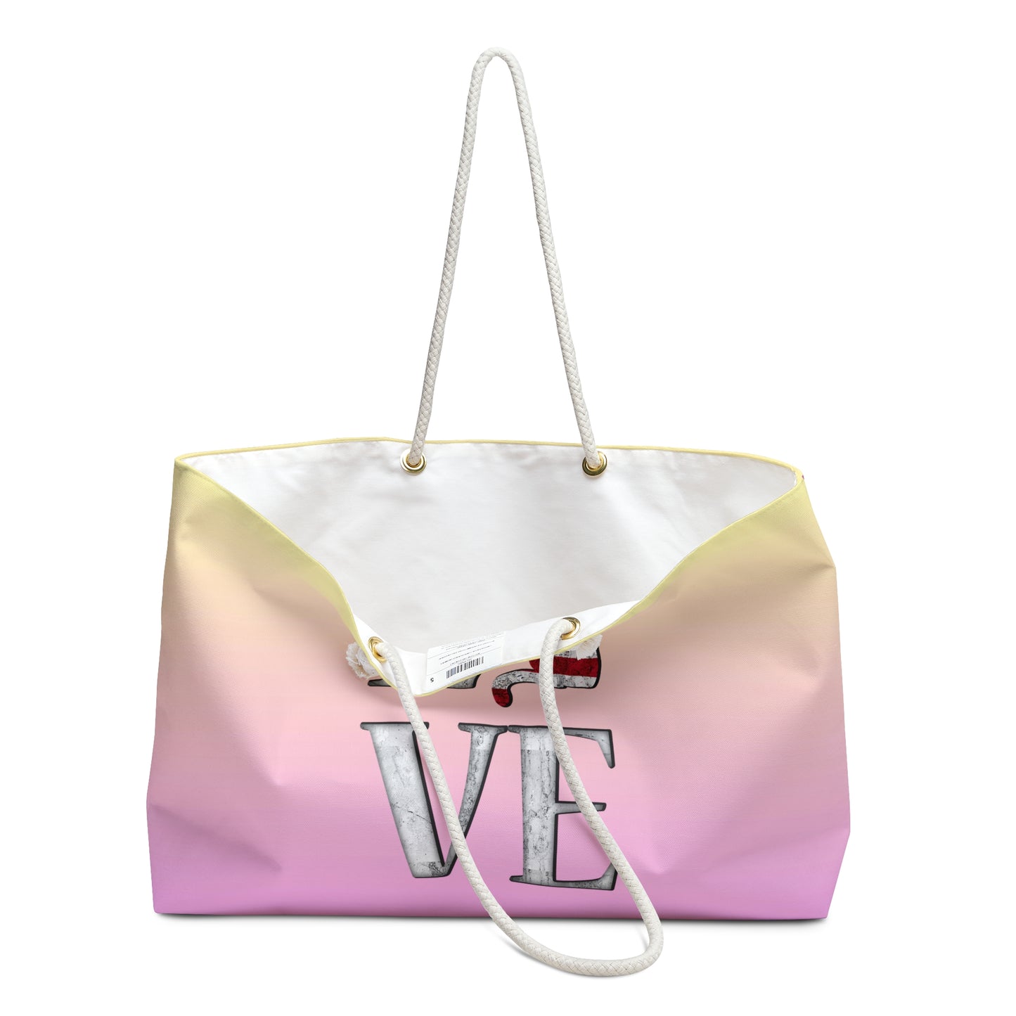 Yellow & Pink colored weekender tote bag with 'LOVE' text and cat design with USA theme