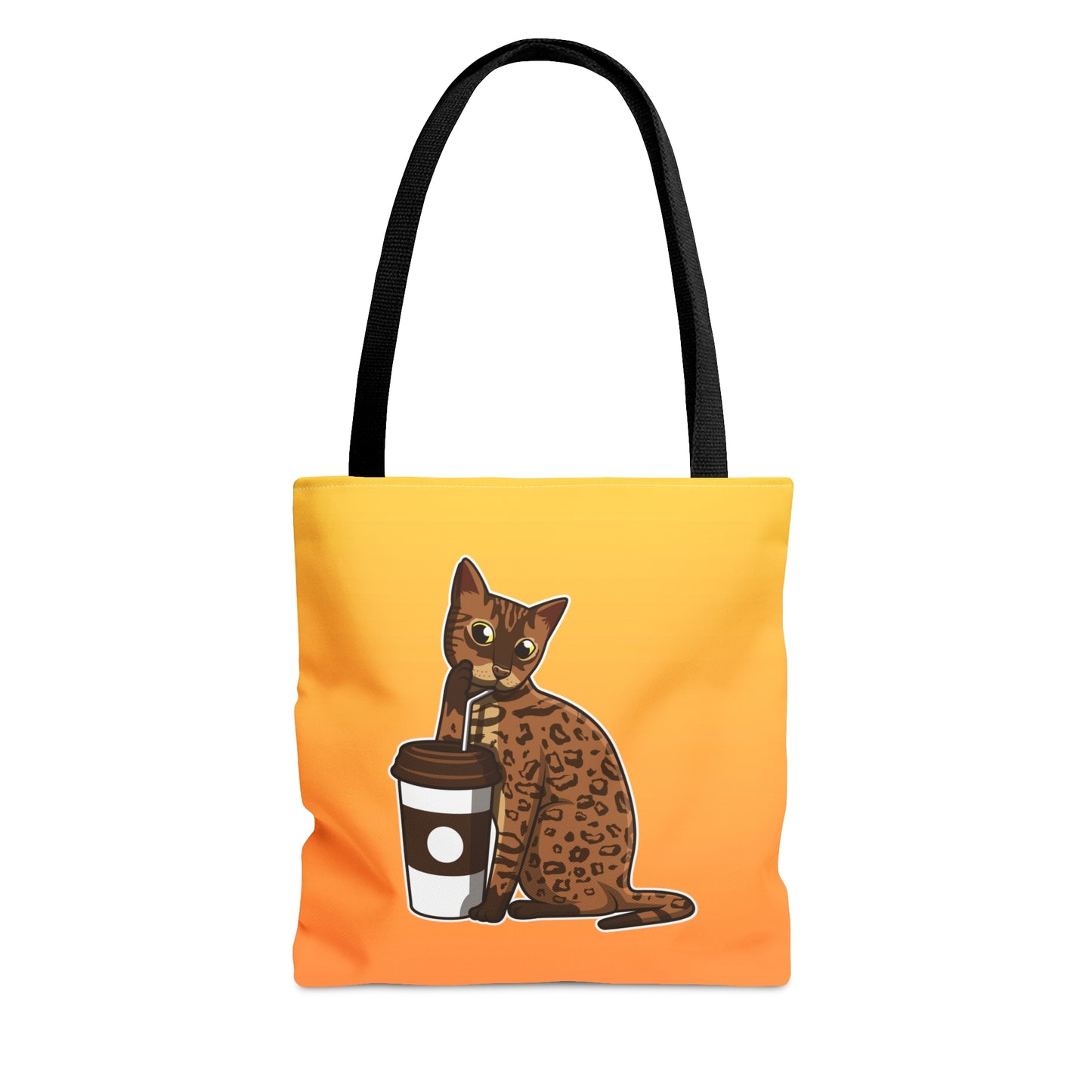 Yellow Tote Bag Featuring A Cartoon Bengal Cat Drinking Through A Straw. 