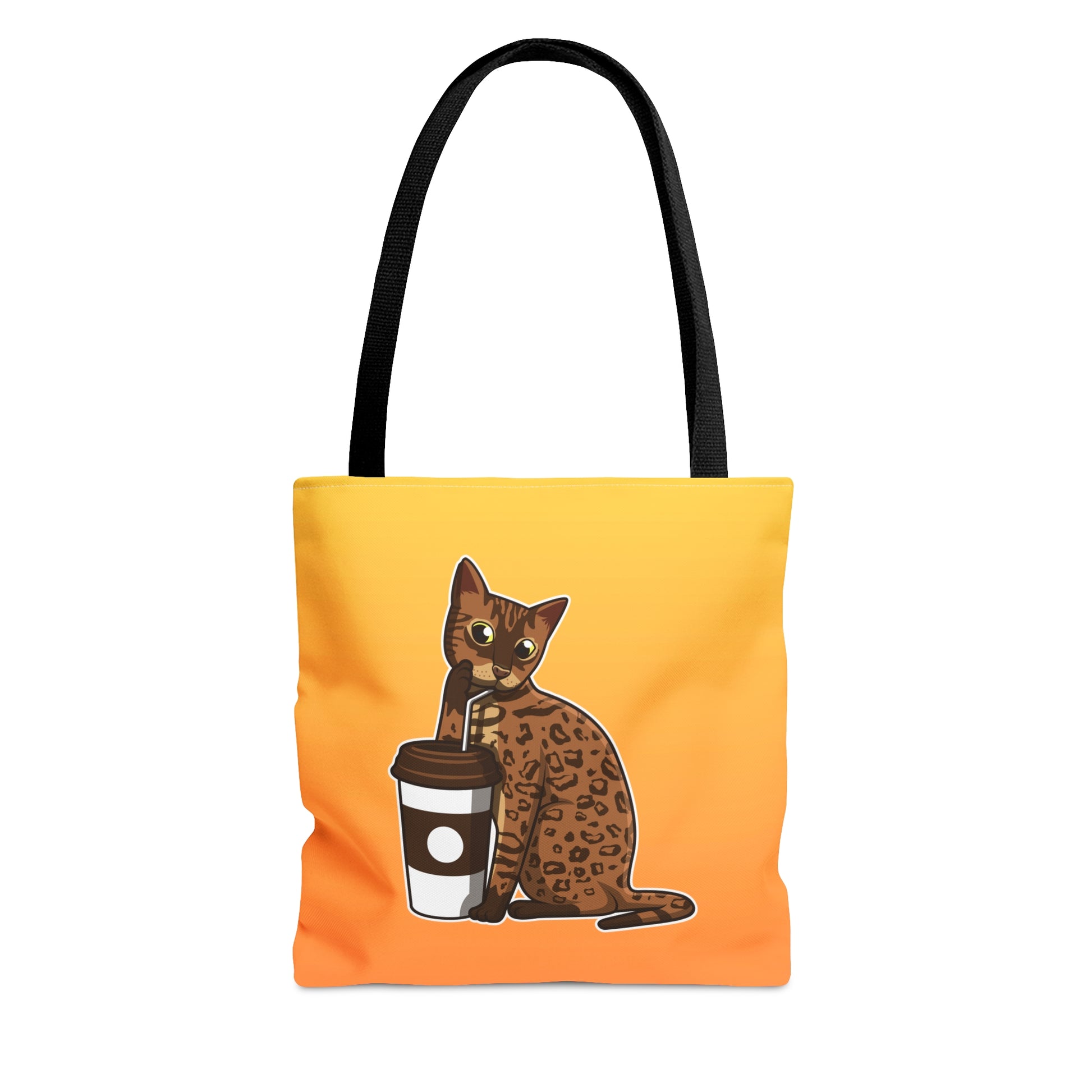 Yellow Tote Bag Featuring A Cartoon Bengal Cat Drinking Through A Straw. 