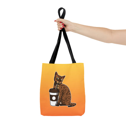 Yellow Tote Bag Featuring A Cartoon Bengal Cat Drinking Through A Straw. 
