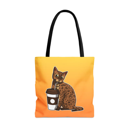 Yellow Tote Bag Featuring A Cartoon Bengal Cat Drinking Through A Straw. 