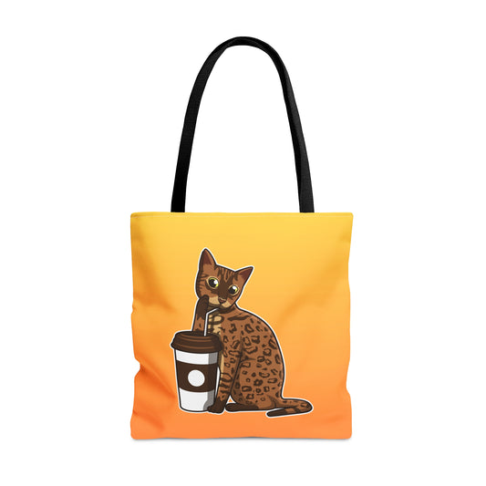 Yellow Tote Bag Featuring A Cartoon Bengal Cat Drinking Through A Straw. 