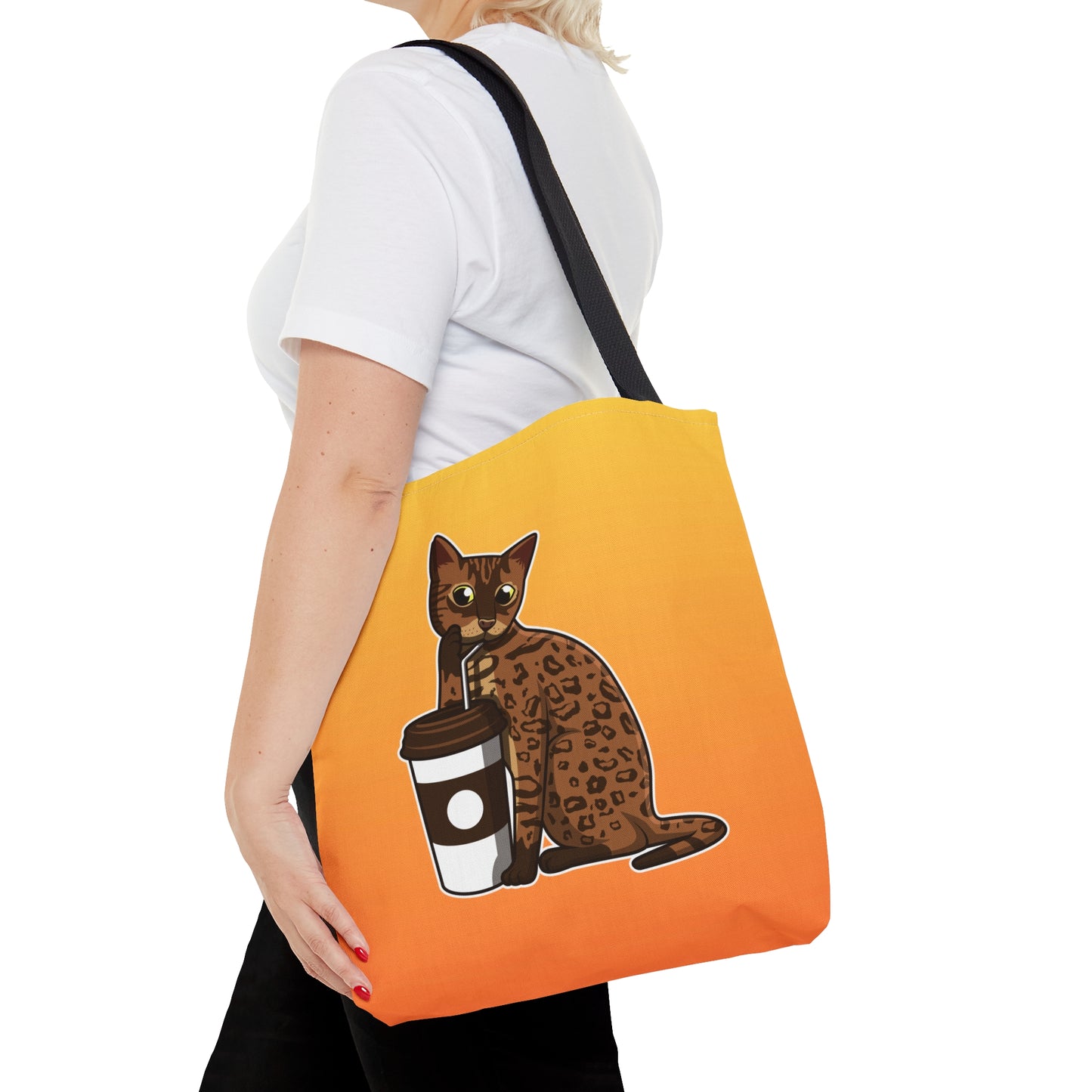 Yellow Tote Bag Featuring A Cartoon Bengal Cat Drinking Through A Straw. 