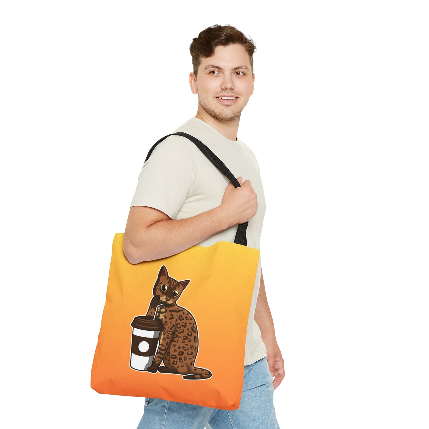 Yellow Tote Bag Featuring A Cartoon Bengal Cat Drinking Through A Straw. 