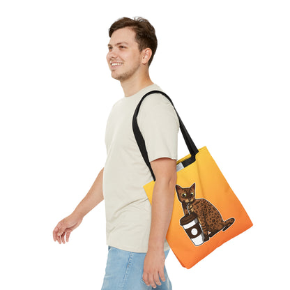 Yellow Tote Bag Featuring A Cartoon Bengal Cat Drinking Through A Straw. 