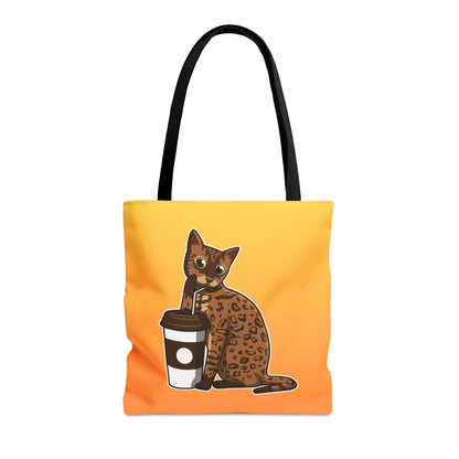 Yellow Tote Bag Featuring A Cartoon Bengal Cat Drinking Through A Straw. 