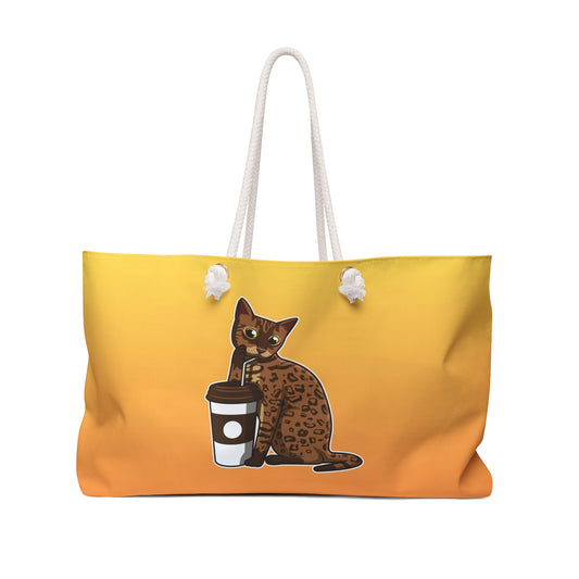 Yellow Weekender Tote bag with a cartoon Bengal cat