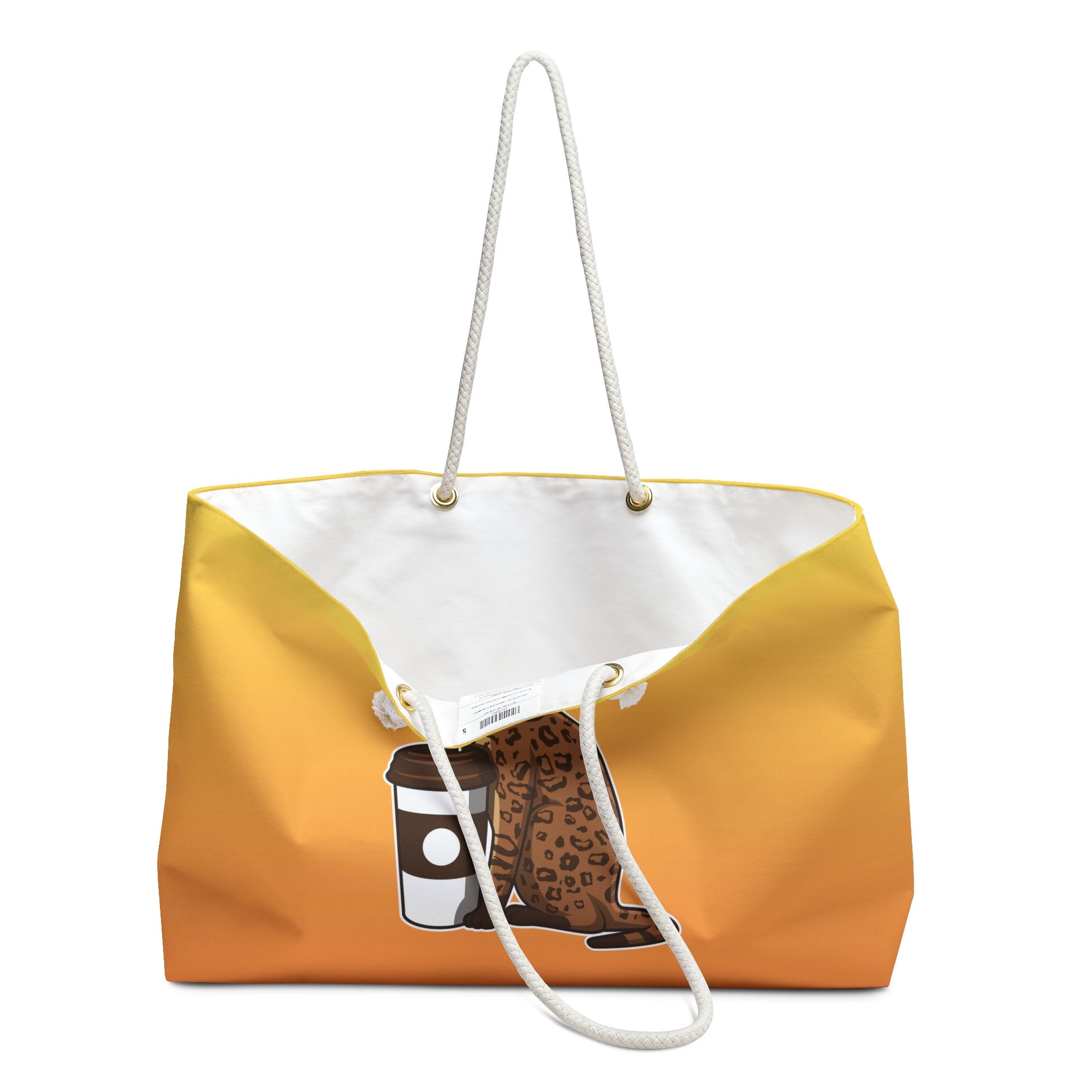 Yellow Weekender Tote bag with a cartoon Bengal cat