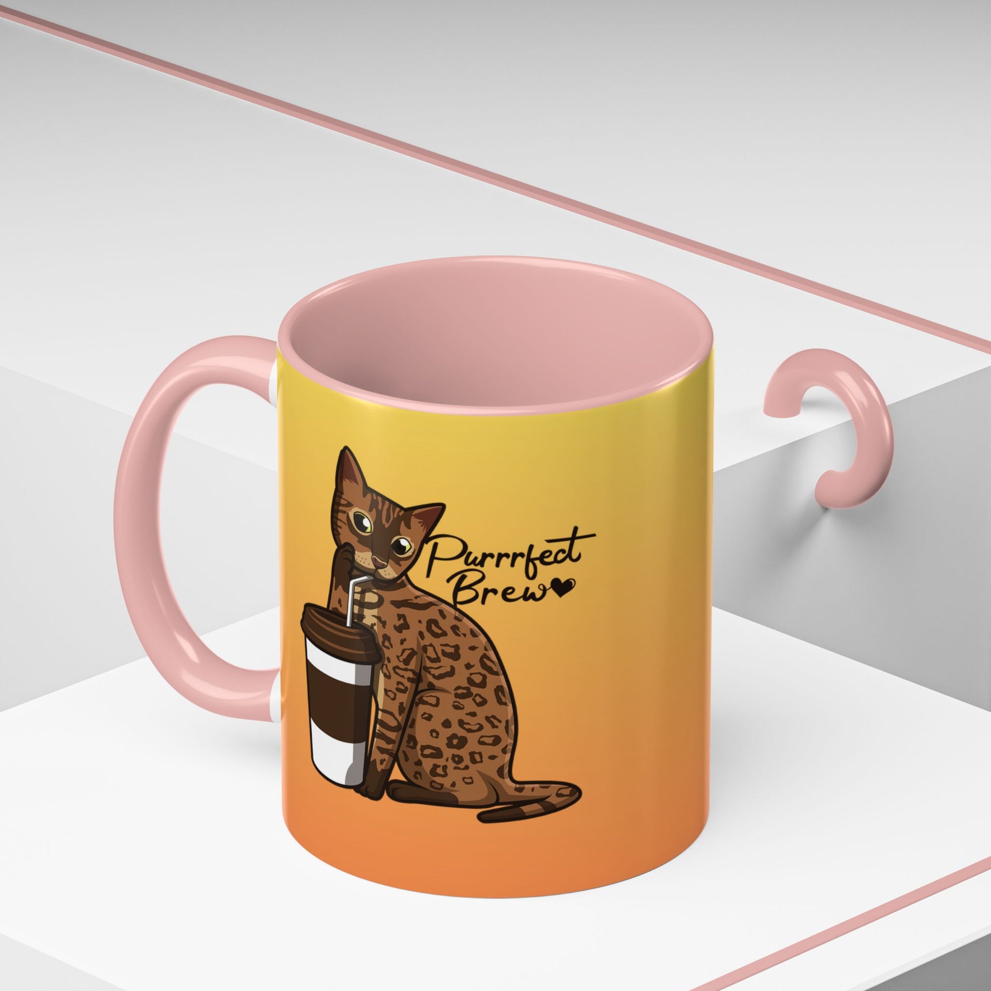 Mug with a Bengal cat design and 'Purrrfect Brew' text.
