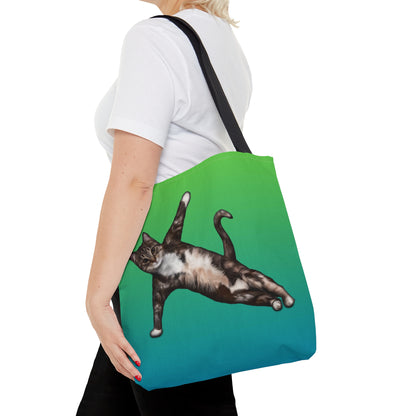 Tote bag with a cat in a yogi pose on a green gradient background