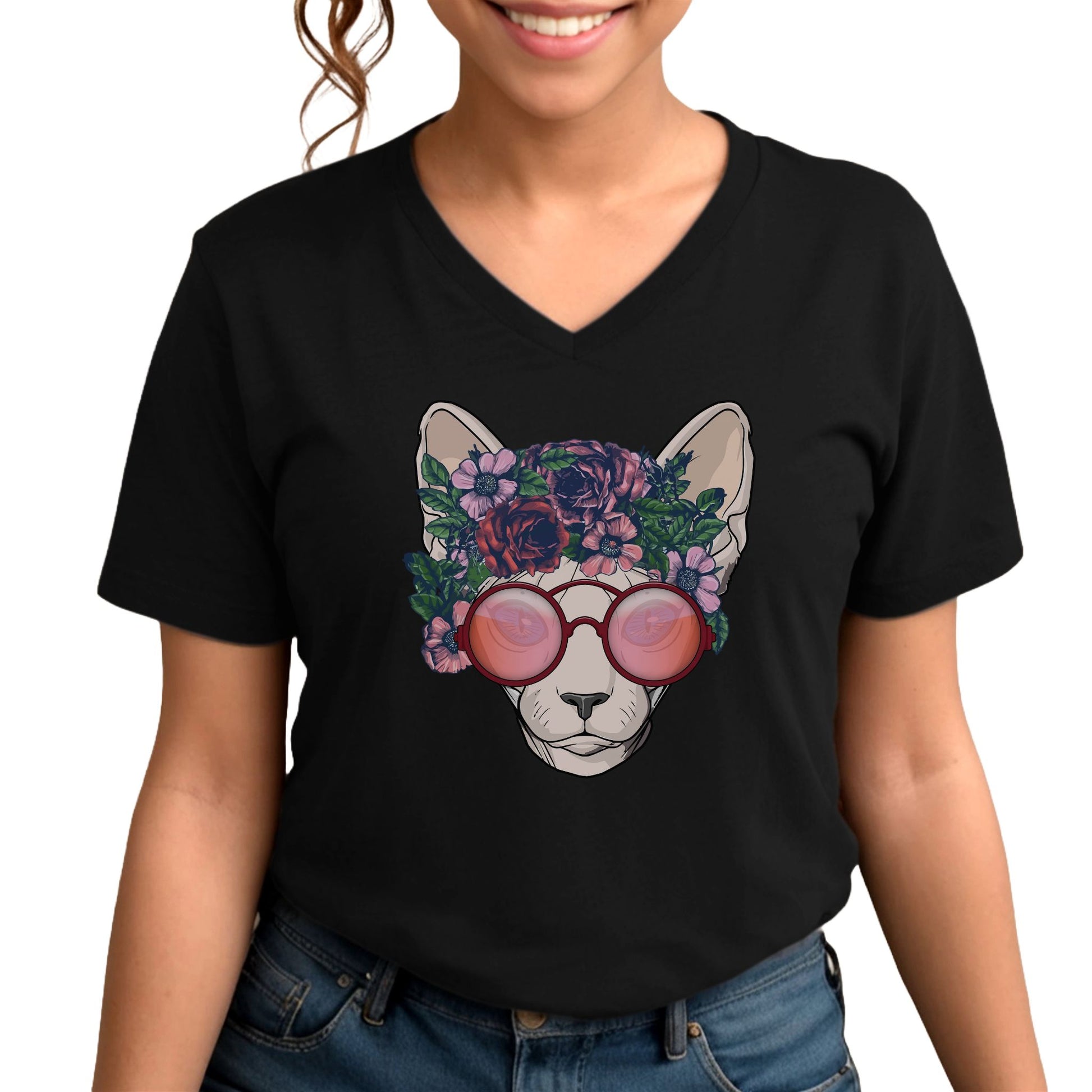 Black flower sphynx cat V-Neck T-shirt