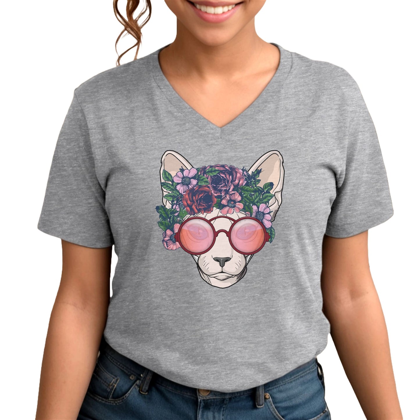 Heather Gray flower sphynx cat V-Neck T-shirt