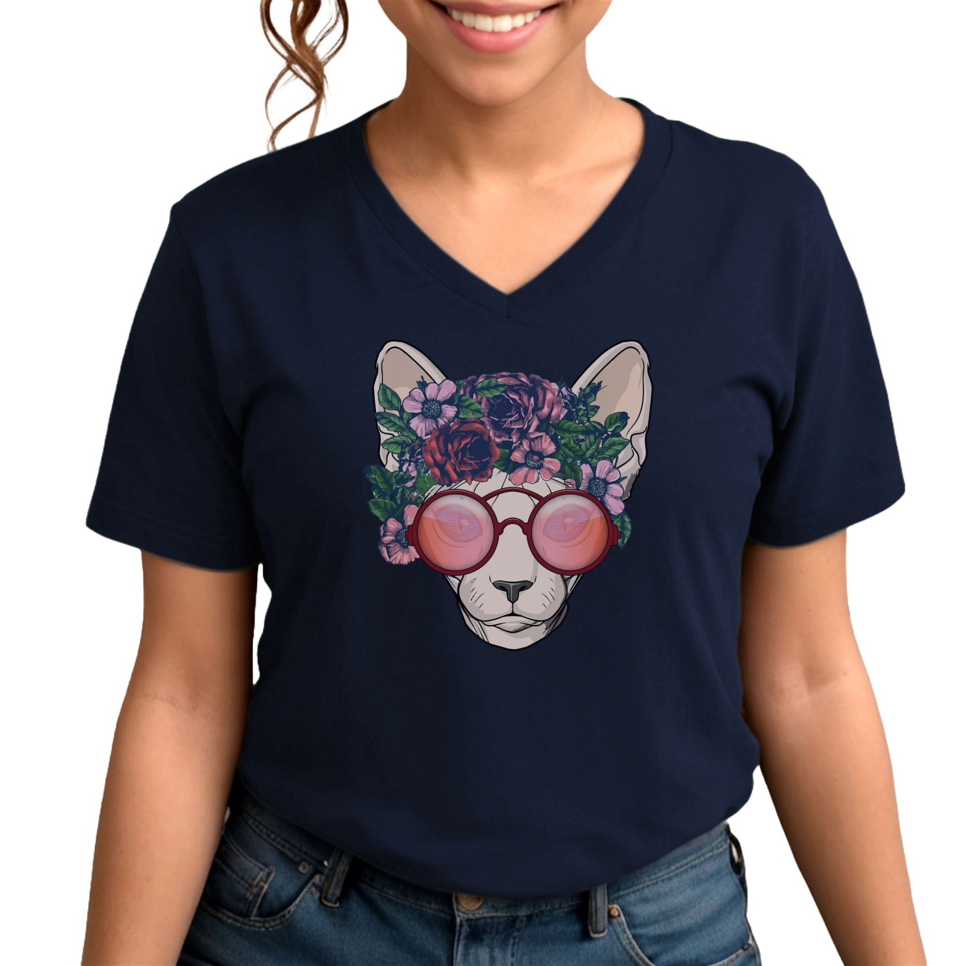 Navy flower sphynx cat V-Neck T-shirt