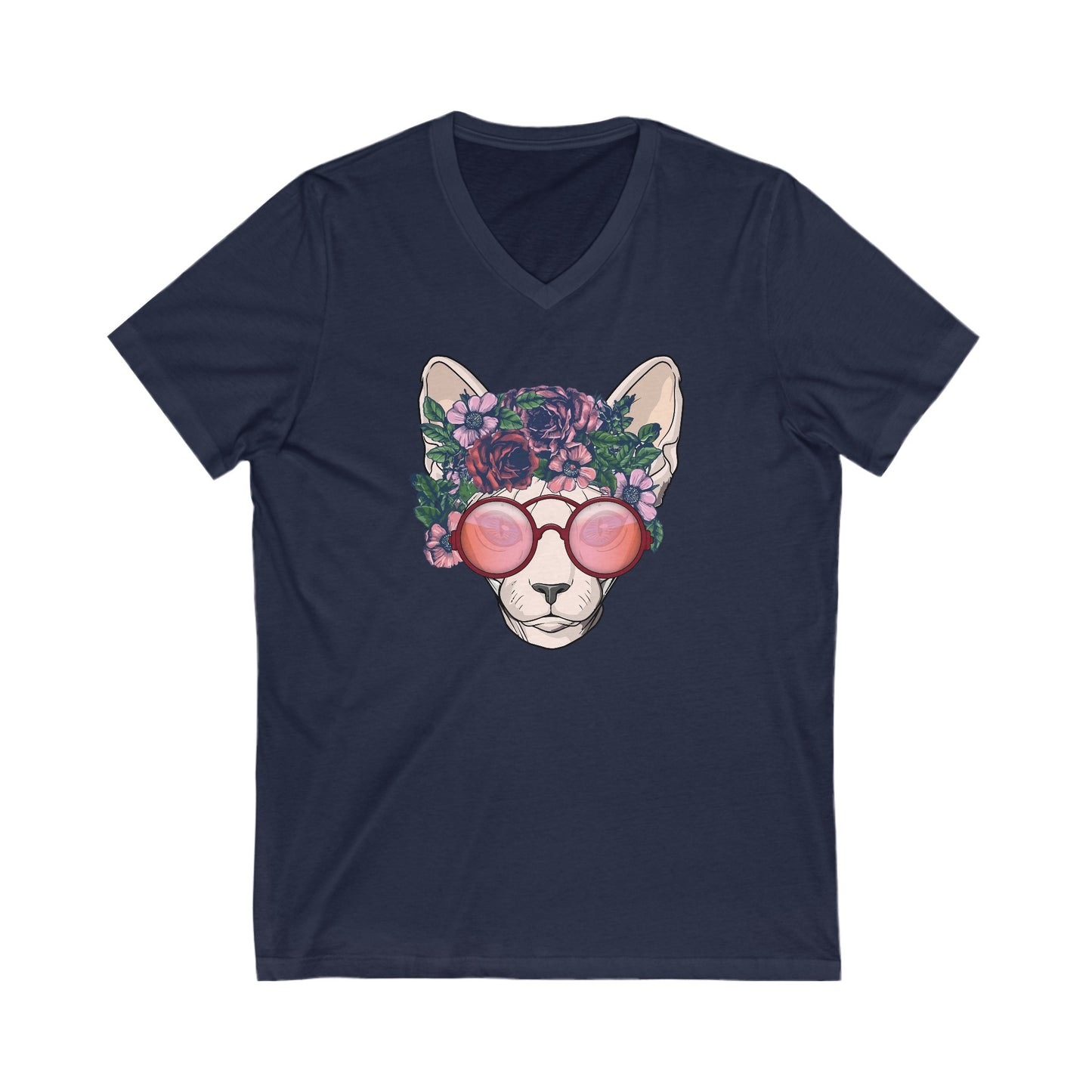 Navy flower sphynx cat V-Neck T-shirt