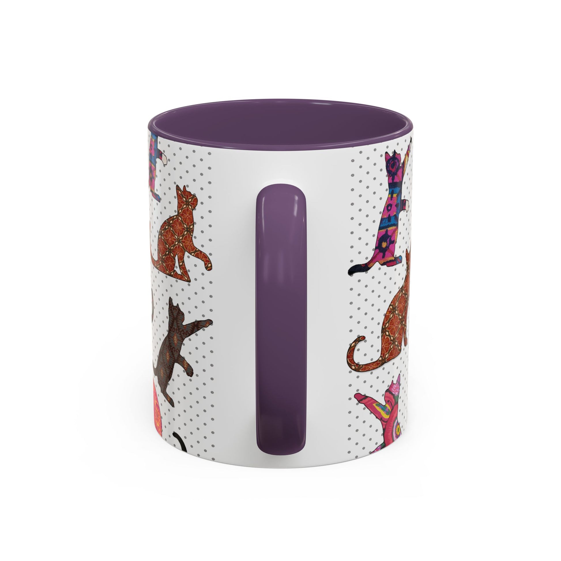 Purple mug with colorful cat silhouette pattern.