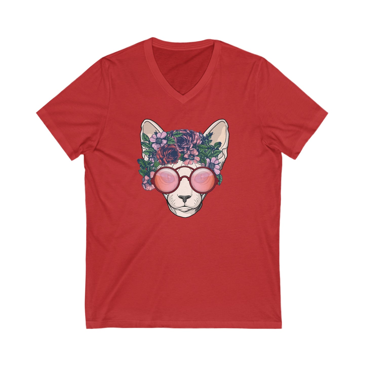 Red flower sphynx cat V-Neck T-shirt