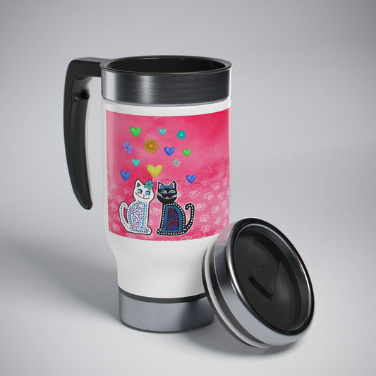 A 14oz stainless steel and plastic insulated travel mug with a cat theme. white and black cat and hearts design, including a handle and a spill resistant screw-on cap.