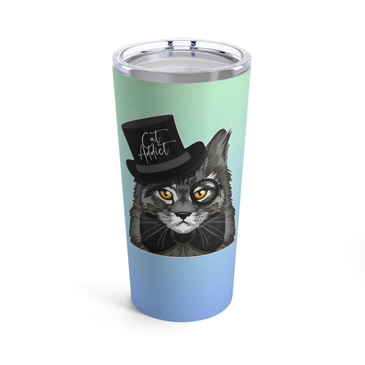 A 20oz blue stainless steel tumbler with a graphic of a Maine Coon cat wearing a top hat and the text 'Cat Addict'.