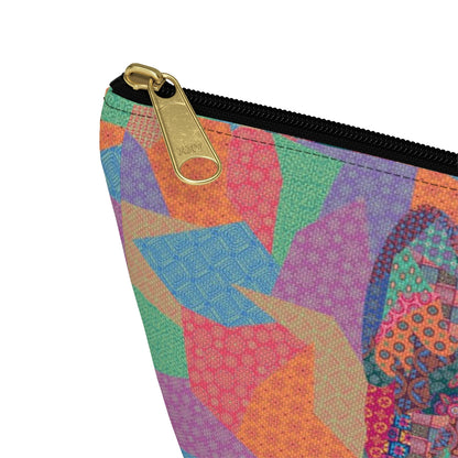 A colorful polyester accessory bag featuring a vibrant, multicolored cat pattern, makeup. cosmetic, toiletries, travel essentials bag.