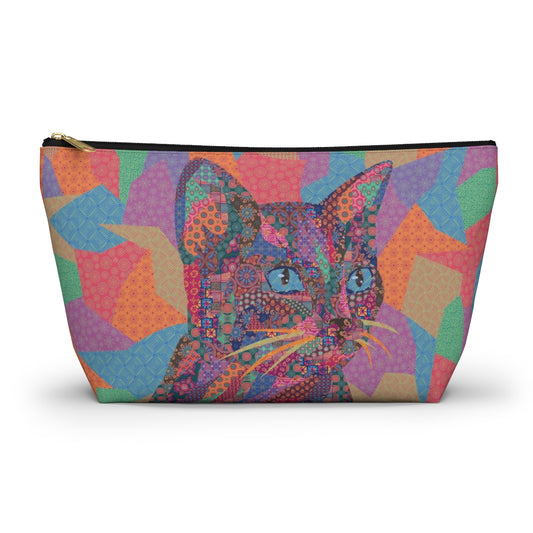 A colorful polyester accessory bag featuring a vibrant, multicolored cat pattern, makeup. cosmetic, toiletries, travel essentials bag.