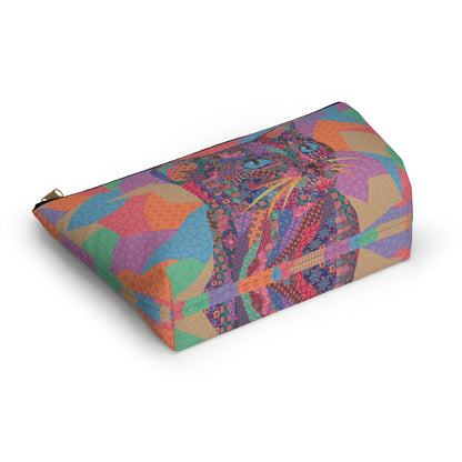 A colorful polyester accessory bag featuring a vibrant, multicolored cat pattern, makeup. cosmetic, toiletries, travel essentials bag.