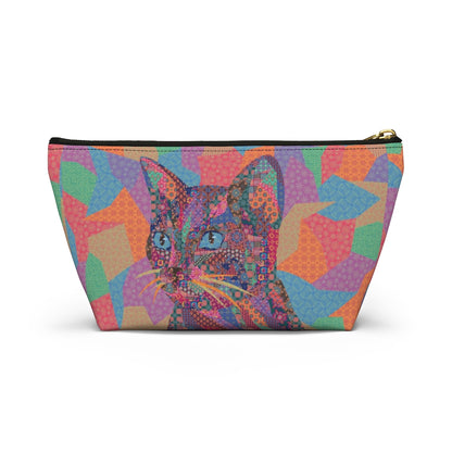 A colorful polyester accessory bag featuring a vibrant, multicolored cat pattern, makeup. cosmetic, toiletries, travel essentials bag.