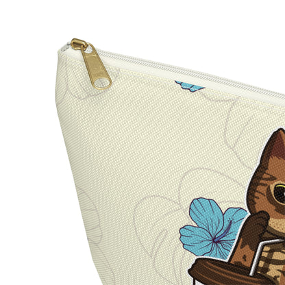 A cream-colored accessory bag featuring a cartoon illustration of a Bengal cat drinking coffee from a straw, with a floral pattern in the background. Cosmetic, makeup, toiletry, travel, pencil case & everyday bag for cat lovers.