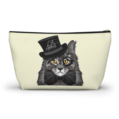 A cream accessory bag featuring a Maine Coon cat wearing a top hat, and the text 'Cat Addict'. Cosmetic, makeup, toiletry, travel, pencil case & everyday bag for Maine Coon cat lovers.