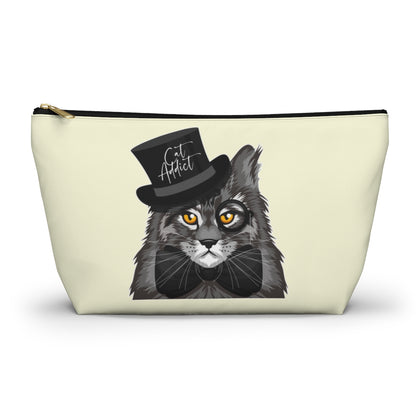A cream accessory bag featuring a Maine Coon cat wearing a top hat, and the text 'Cat Addict'. Cosmetic, makeup, toiletry, travel, pencil case & everyday bag for Maine Coon cat lovers.