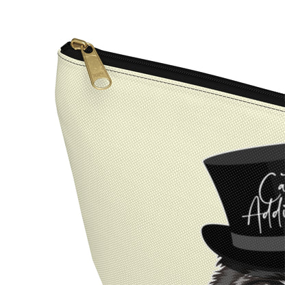 A cream accessory bag featuring a Maine Coon cat wearing a top hat, and the text 'Cat Addict'. Cosmetic, makeup, toiletry, travel, pencil case & everyday bag for Maine Coon cat lovers.