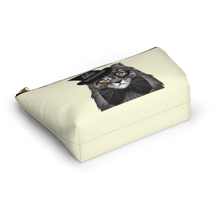 A cream accessory bag featuring a Maine Coon cat wearing a top hat, and the text 'Cat Addict'. Cosmetic, makeup, toiletry, travel, pencil case & everyday bag for Maine Coon cat lovers.