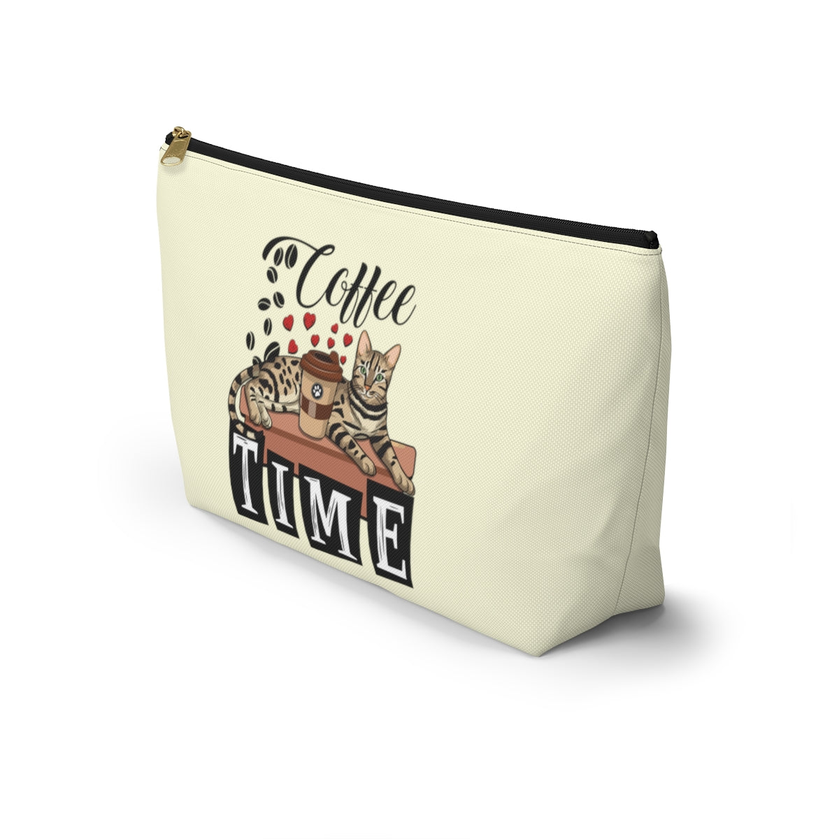 A cream accessory bag with an illustration of a Bengal cat, coffee beans and love hearts, and the text 'COFFEE TIME'. Cosmetic, makeup, toiletry, travel, pencil case & everyday bag for Bengal cat and coffee lovers.