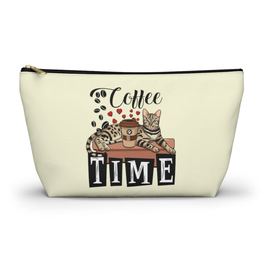 A cream accessory bag with an illustration of a Bengal cat, coffee beans and love hearts, and the text 'COFFEE TIME'. Cosmetic, makeup, toiletry, travel, pencil case & everyday bag for Bengal cat and coffee lovers.