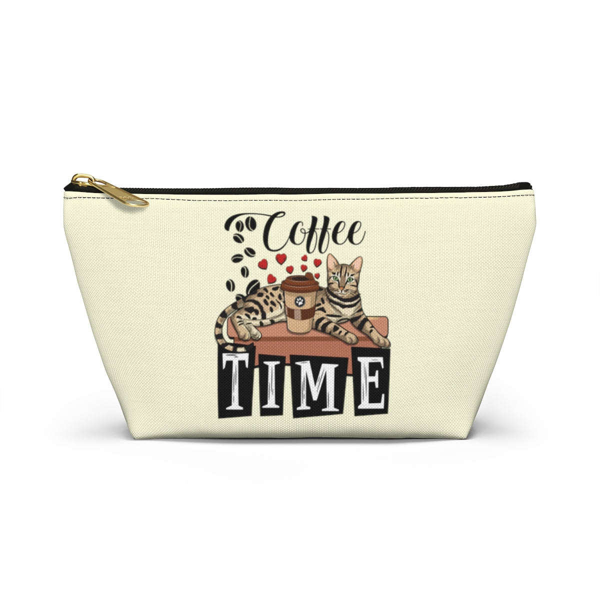 A cream accessory bag with an illustration of a Bengal cat, coffee beans and love hearts, and the text 'COFFEE TIME'. Cosmetic, makeup, toiletry, travel, pencil case & everyday bag for Bengal cat and coffee lovers.