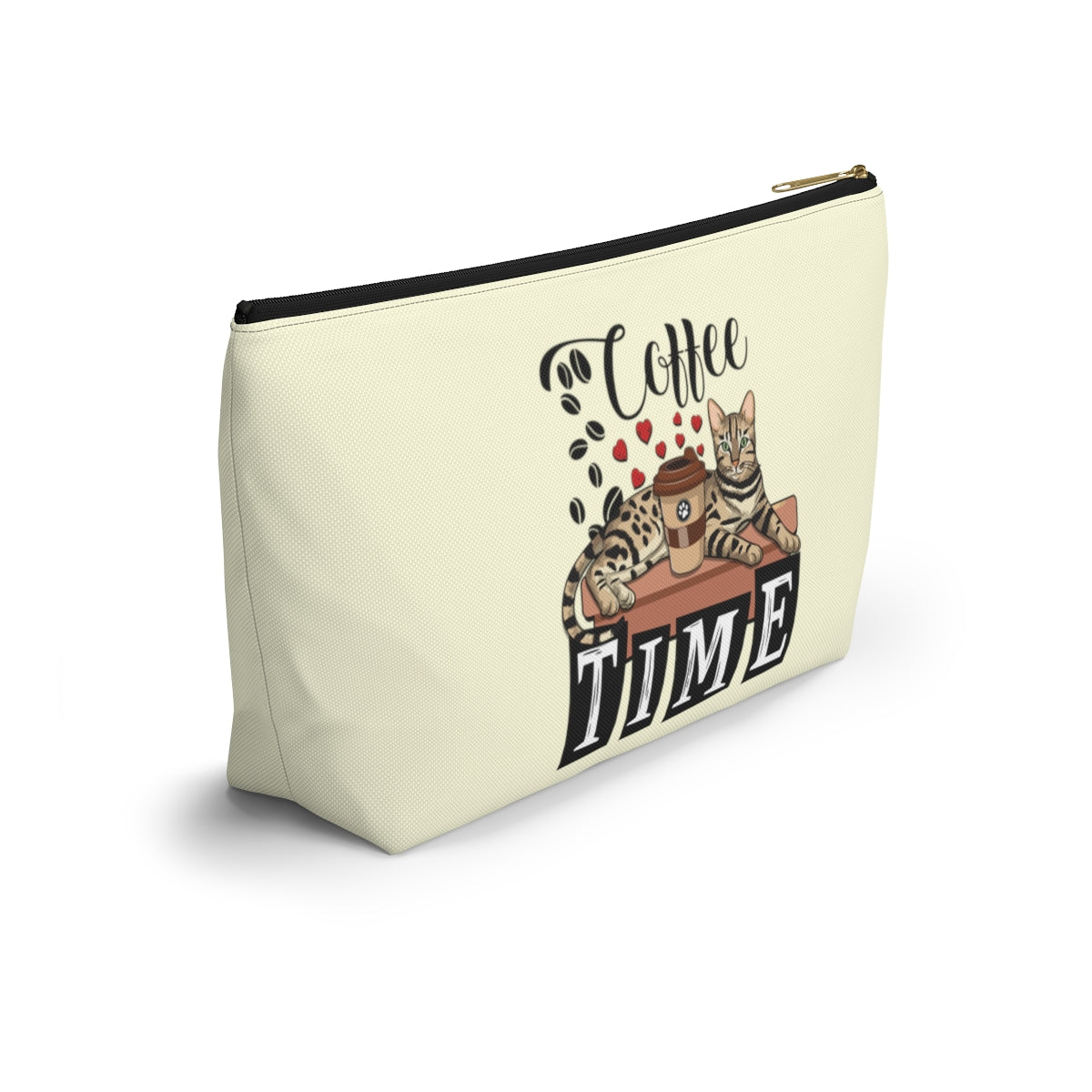 A cream accessory bag with an illustration of a Bengal cat, coffee beans and love hearts, and the text 'COFFEE TIME'. Cosmetic, makeup, toiletry, travel, pencil case & everyday bag for Bengal cat and coffee lovers.