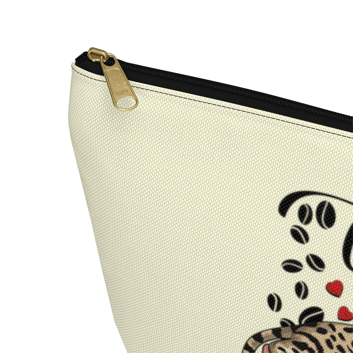 A cream accessory bag with an illustration of a Bengal cat, coffee beans and love hearts, and the text 'COFFEE TIME'. Cosmetic, makeup, toiletry, travel, pencil case & everyday bag for Bengal cat and coffee lovers.