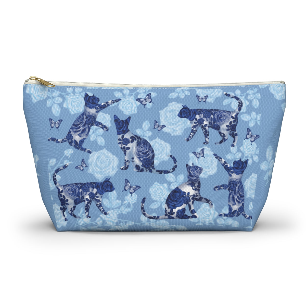 A floral blue accessory bag with a pattern of kitty silhouettes, roses, and butterflies, featuring a zipper closure. Cosmetic, makeup, toiletry, travel, pencil case & everyday essentials bag for cat lovers.