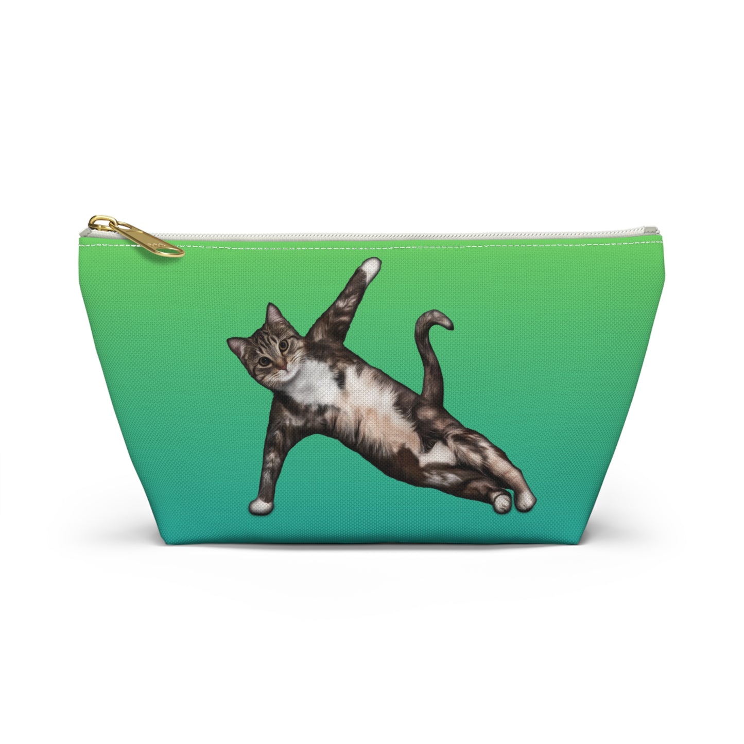 A green accessory bag featuring a printed image of a cat in a yoga pose. Cosmetic, makeup, toiletry, travel essentials, pencil case & everyday bag for cat lovers.