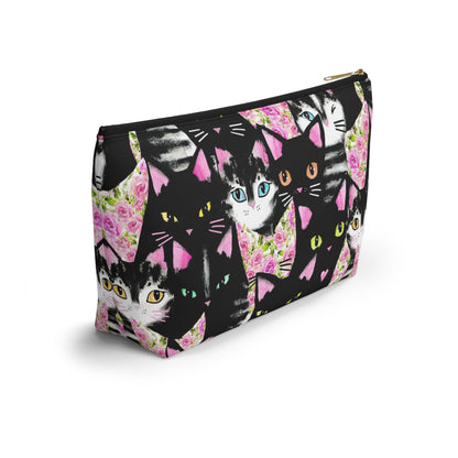 A multicolored accessory bag with an abstract design featuring cats and roses on a pink background. Cosmetic, makeup, toiletry, travel, pencil case & everyday bag for cat lovers.