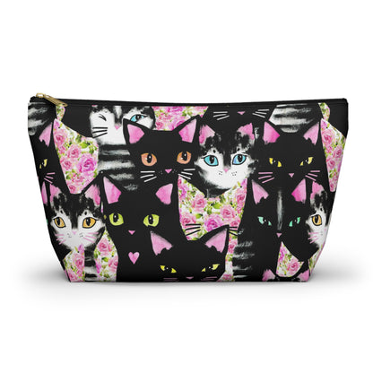 A multicolored accessory bag with an abstract design featuring cats and roses on a pink background. Cosmetic, makeup, toiletry, travel, pencil case & everyday bag for cat lovers.