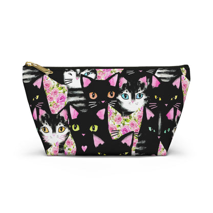 A multicolored accessory bag with an abstract design featuring cats and roses on a pink background. Cosmetic, makeup, toiletry, travel, pencil case & everyday bag for cat lovers.