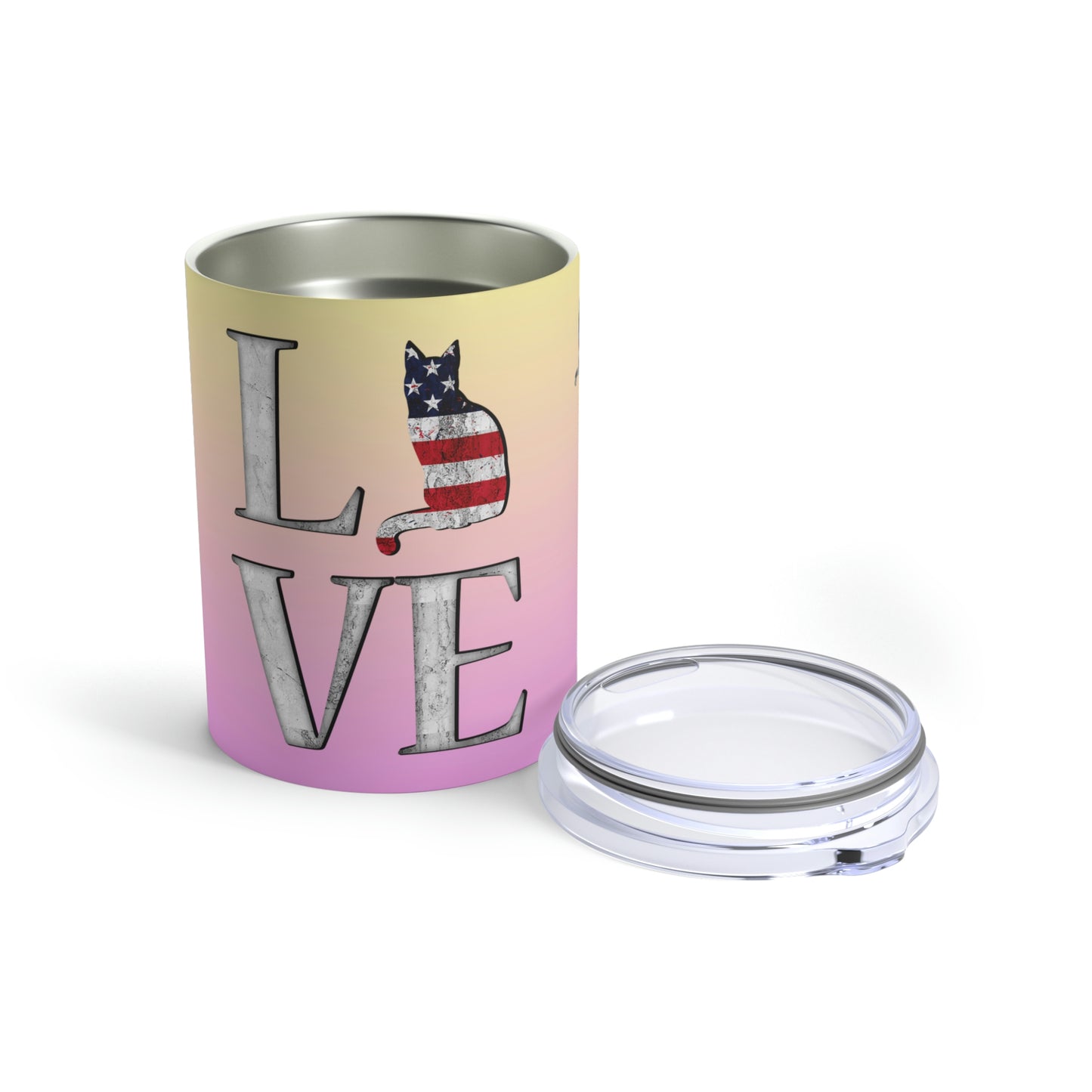 A pink and yellow stainless steel travel tumbler with 'LOVE' text and a silhouettes of cats in the stars & stripes.